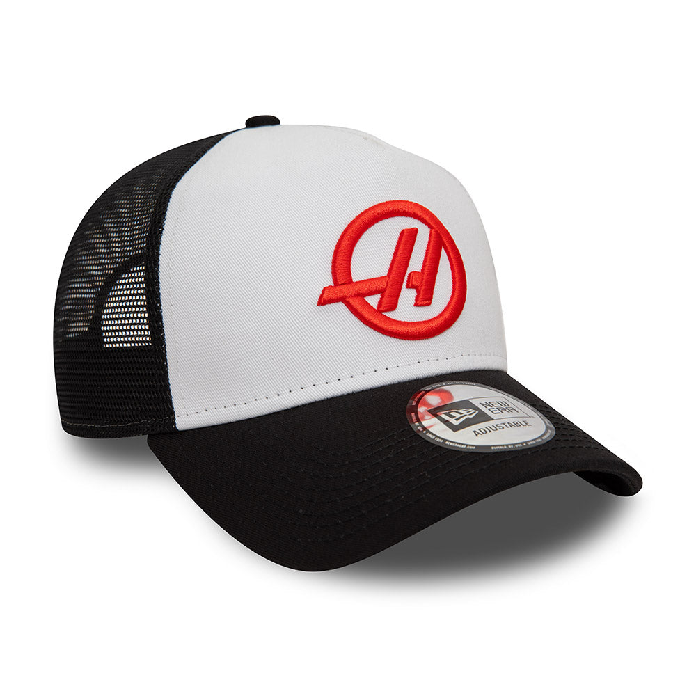 HAAS F1 Racing Hat - 2-Tone Black White 9Forty A-Frame Formula 1 Trucker Snapback Cap - New Era